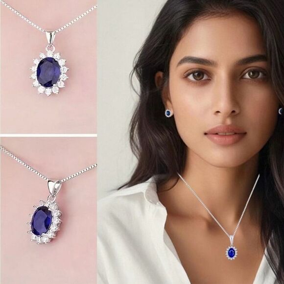 Oval Sapphire Blue CZ Stone Necklace Womens 18” W Extender Sterling Silver Chain - Picture 6 of 7